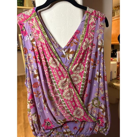 FREE PEOPLE Havana Blue Floral Print Sleeveless Surplice Top Size Large 8-12 - Picture 2 of 5